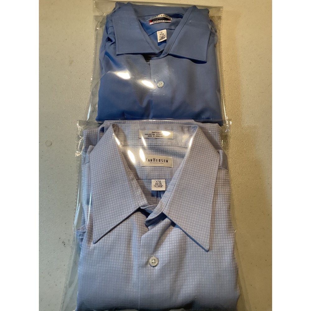 2 Van Heusen Mens Regular Fit Flex Collar Dress Shirt Blue 17 34/35 Wrinkle Free